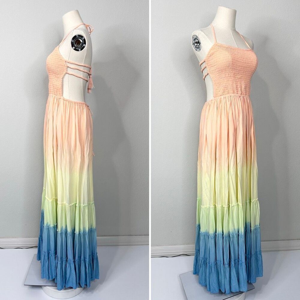 Tiare Hawaii Naia Maxi Dress S/M Peach Yellow Blue Ombre Smocked Boho Beachy - Picture 5 of 13
